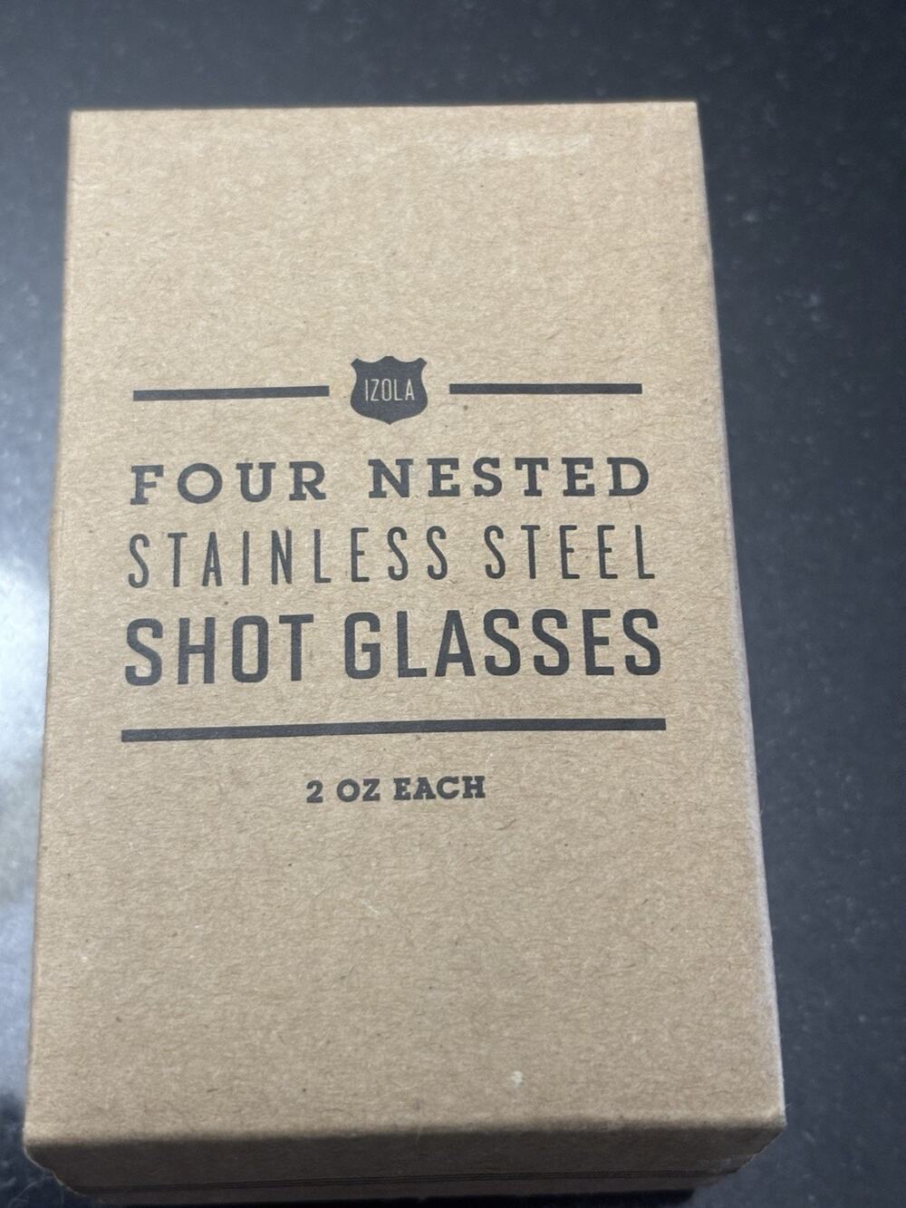 Izola Spanish Toast 4 Nested Stainless Steel Shot Glasses 2oz Box Pouch NIB